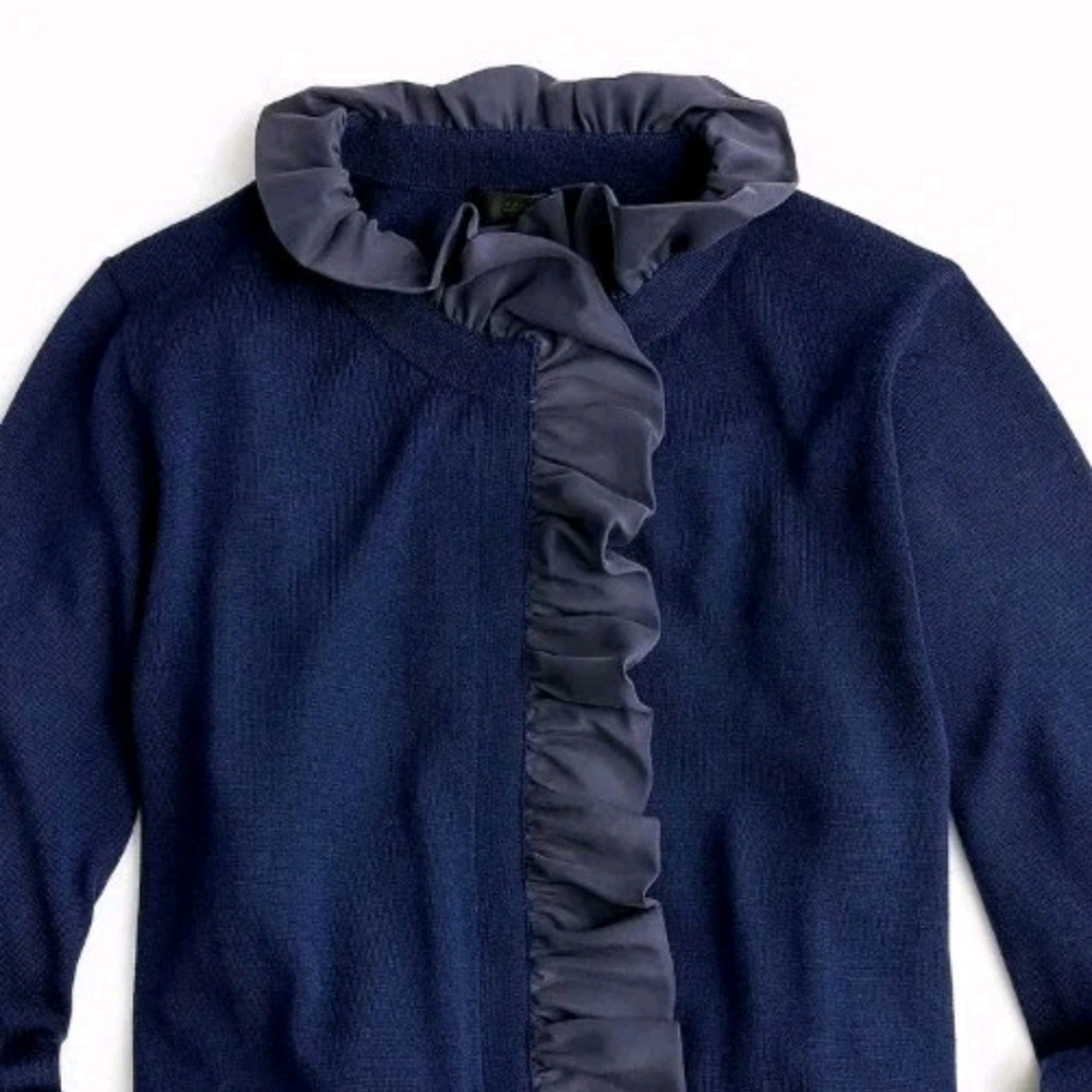 J Crew Merino Wool Ruffled Mockneck Cardigan Fitted Sweater Slim Large Navy Nwt - Picture 5 of 16